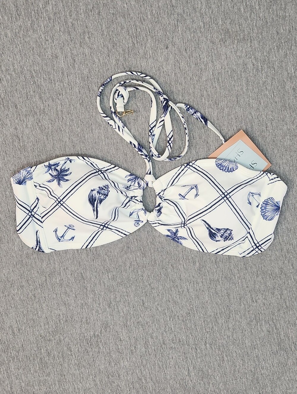 Shade & Shore Women’s Shell Print Halter Bandeau Bikini Top – Blue/White-Size M